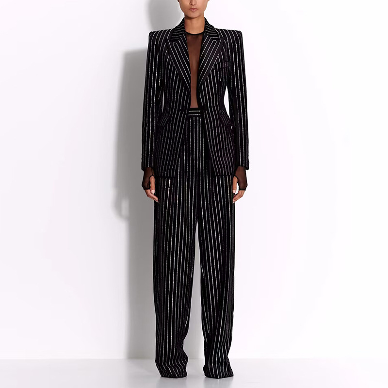 Spot 2025 New European and American Celebrity Elegant Loose Hot Diamond Blazer Pants Suit Two-Piece Set