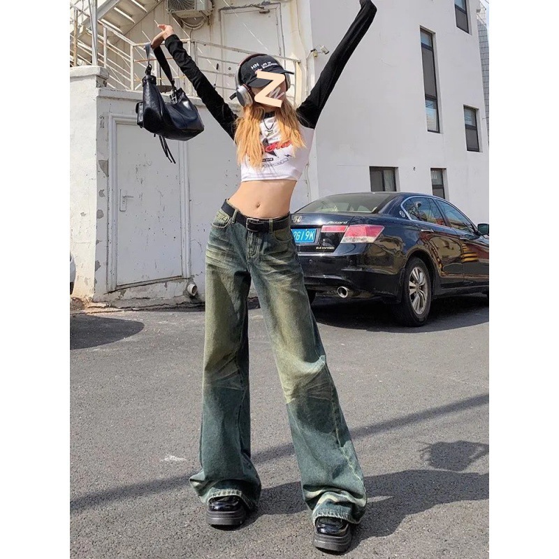 American Style Retro Wide Leg Jeans Women's Autumn New Low Waist Spice Girl High Street Design Sense Loose Slimming Straight Leg Pants