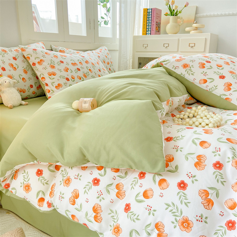 Picture of Small fresh class a 100 wash cotton four-piece set sanding cotton full quilt cover single bed hat student dormitory three or four-piece set