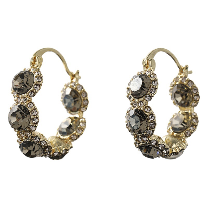 Advanced Sense Grey Diamond Ring Ear Buckle Earrings Women's Niche Design Super Flash Crystal Ear Ring Light Luxury Elegant Fashion Earrings