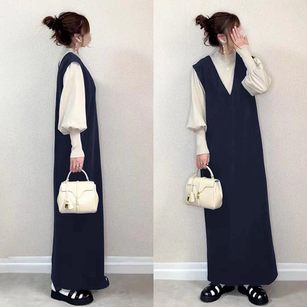 2022 autumn and winter new large V-neck blue sleeveless solid color dress