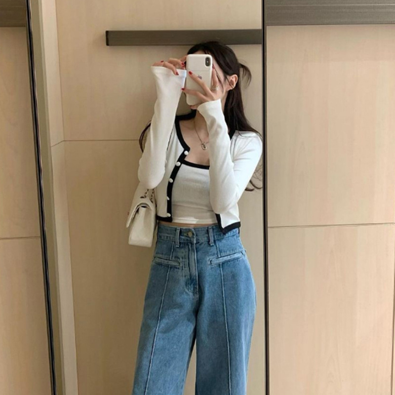 Picture of Korean Spring and Summer New Style Slim and Comfortable Elegant Figure-Showing Sling + Shoulder Pad Long-Sleeved Cardigan Short Two-Piece Set for Women