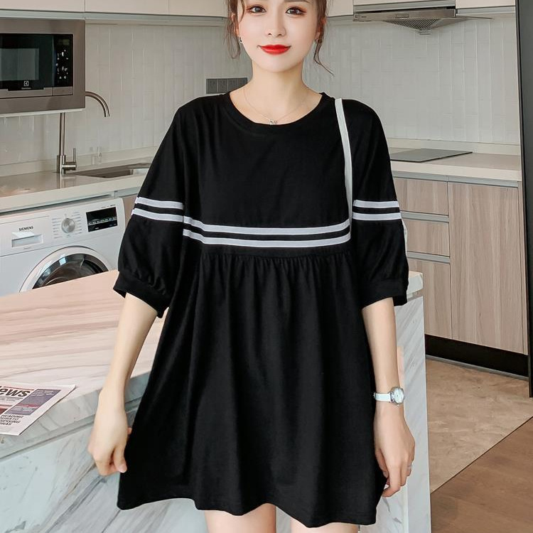 Picture of Spot maternity dress large size women's summer long loose belly covering short sleeve T-shirt skirt 200kg pregnant women's skirt