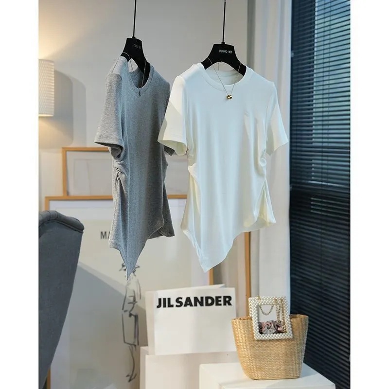 New Arrival All-Match Skinny Design Sense Minimized Pleated Comfortable Stretch Short-Sleeved T-Shirt Women's Summer Korean Style Top