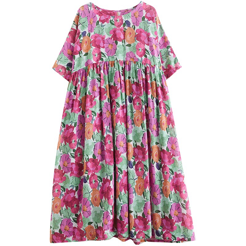 Fat Girl dress Western style summer new chubby girl ethnic style loose short sleeve floral plus size women's over-the-knee dress