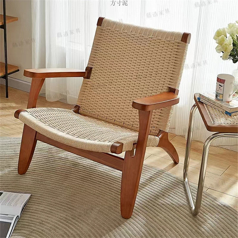 Simple Rattan Wooden Sofa Chair Balcony Living Room Chair Leisure Rope Wool Single Backrest Lazy Household Sofa Factory