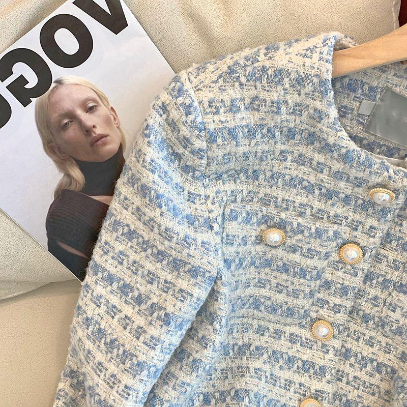 Picture of Blue Tweed Jacket for Women 2025 Spring and Autumn French Style Elegant Pearl Button Tweed Short Jacket