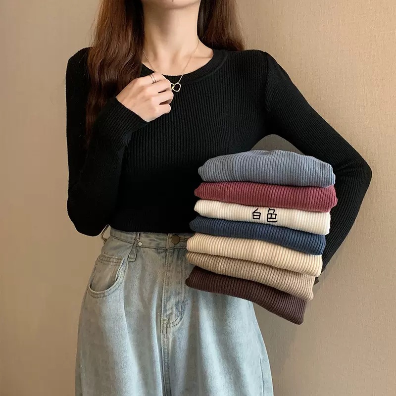 Sweater 2023 autumn new women's slim-fit black undershirt Western style round neck long sleeve early autumn knitted top