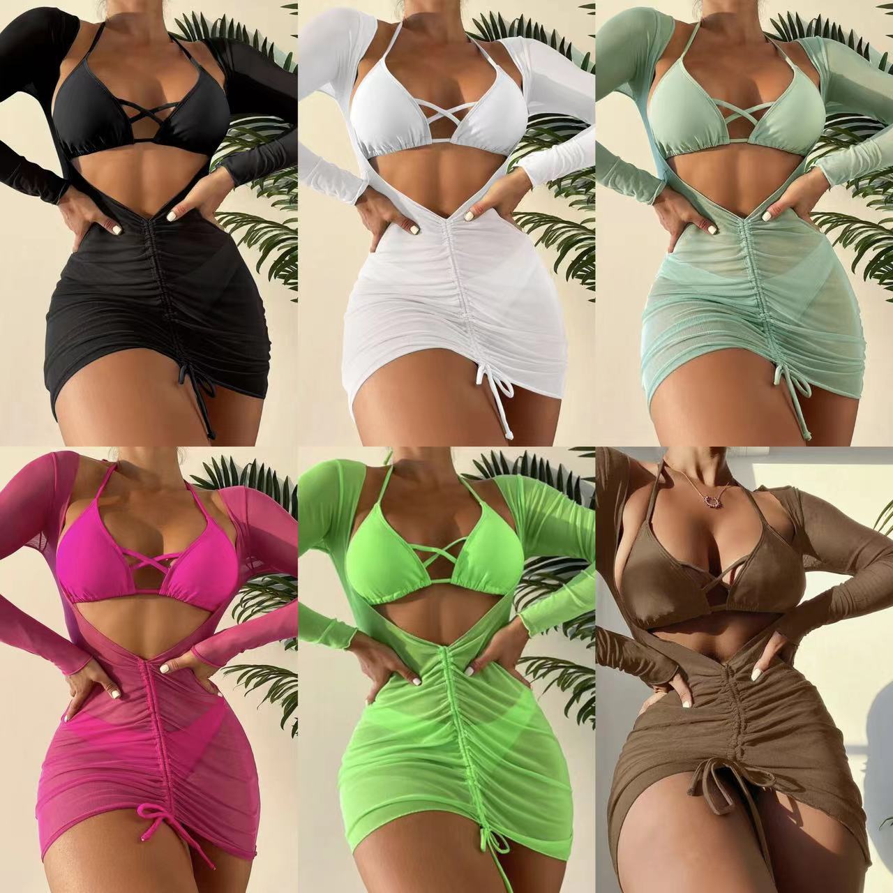 2025 European and American New Three-Piece Long Gauze Skirt with Rope Straps Swimsuit Bikini Bikini Cross-Border Export