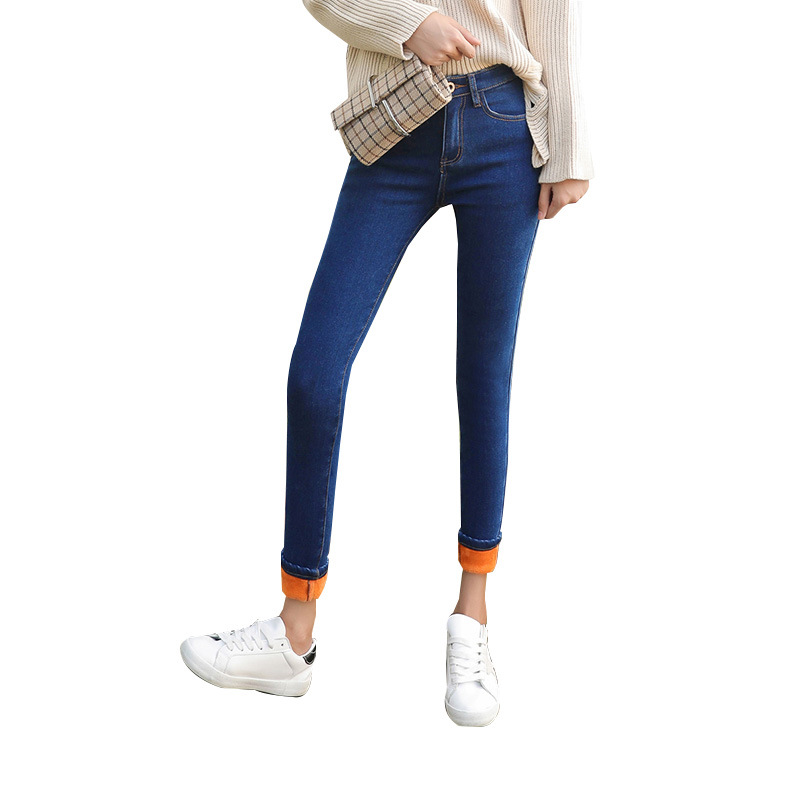 Picture of Dark Blue High Waist Jeans Women's 2023 Spring New Slim-fit Tight All-match Fleece-lined Stretch Pants for Winter