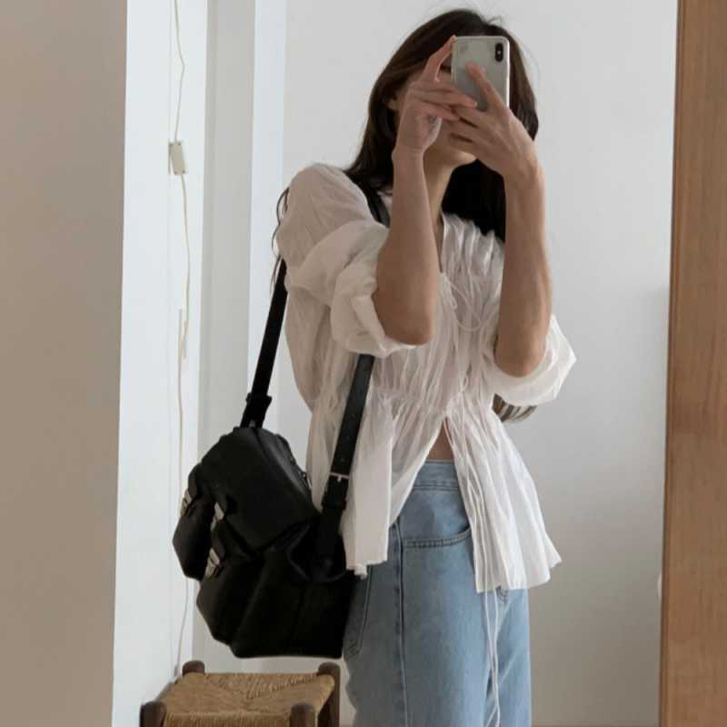 Korean Niche Lace-Up Drawstring Waist Design V Neck Versatile Long-Sleeved Shirt Top