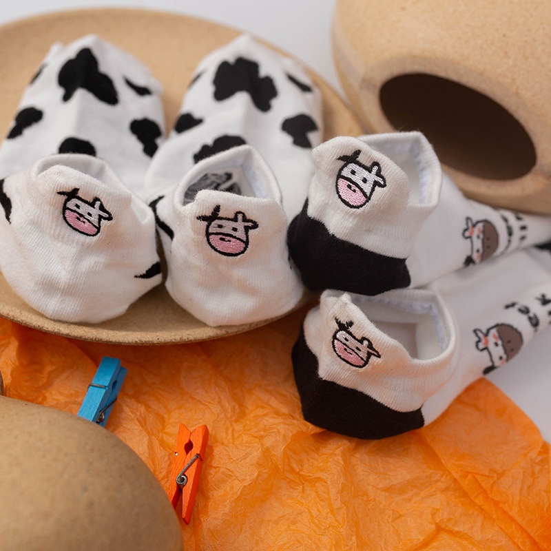 Picture of Black and White Cow Country Sweet Cute Japanese Short Socks Embroidered Striped Cartoon Boat Socks