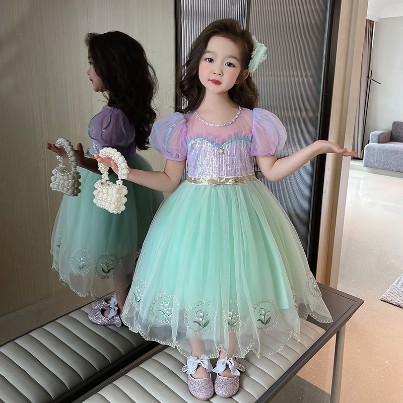 Princess dress girls' dress summer dress children mermaid contrast color birthday dress gauze dress kindergarten baby dress