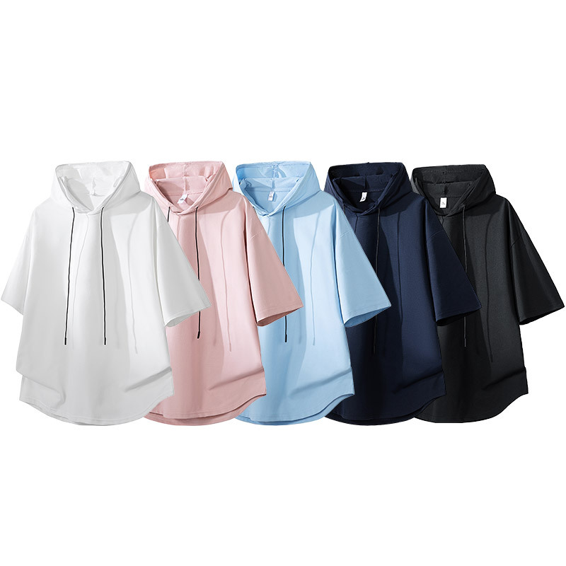 Casual Hooded Short-Sleeved T-Shirt Summer High-End Trendy Brand Loose Casual Ice Silk Cool Half-Sleeved Top