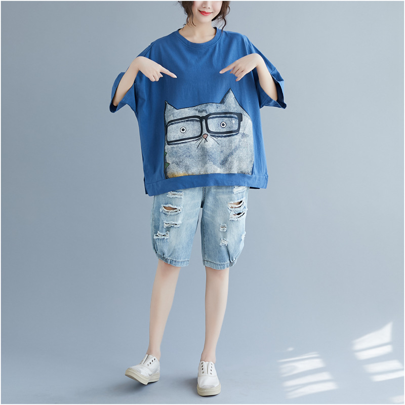 Picture of Small Fresh Plus Size Women's Clothing Cute Cartoon Print T-Shirt 2024 Fat mm Loose and Comfortable Simple Round Neck Top Summer