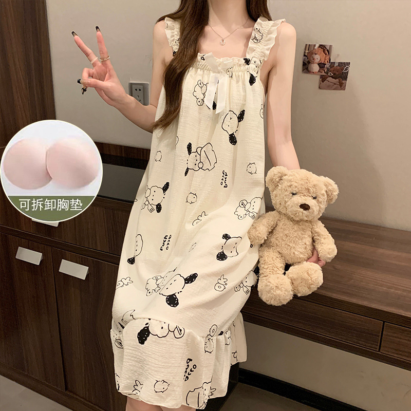 Summer suspender nightdress for women with chest pad cool summer thin cartoon cute girl pure desire home wear can be worn outside