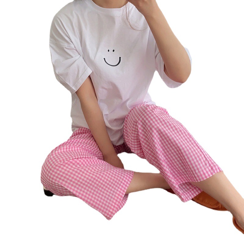 K-Style 2024 New Summer Pajamas for Women with Smiling Faces, Short and Long Plaid Loose Casual Suits, Home Clothes That Can Be Worn Outside