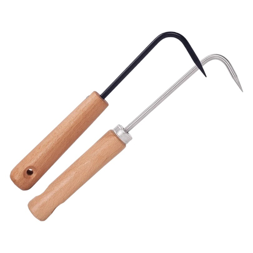 Horticultural weeding hook grass pulling device stainless steel single claw root hook bonsai conservation pine soil hook wooden handle hook
