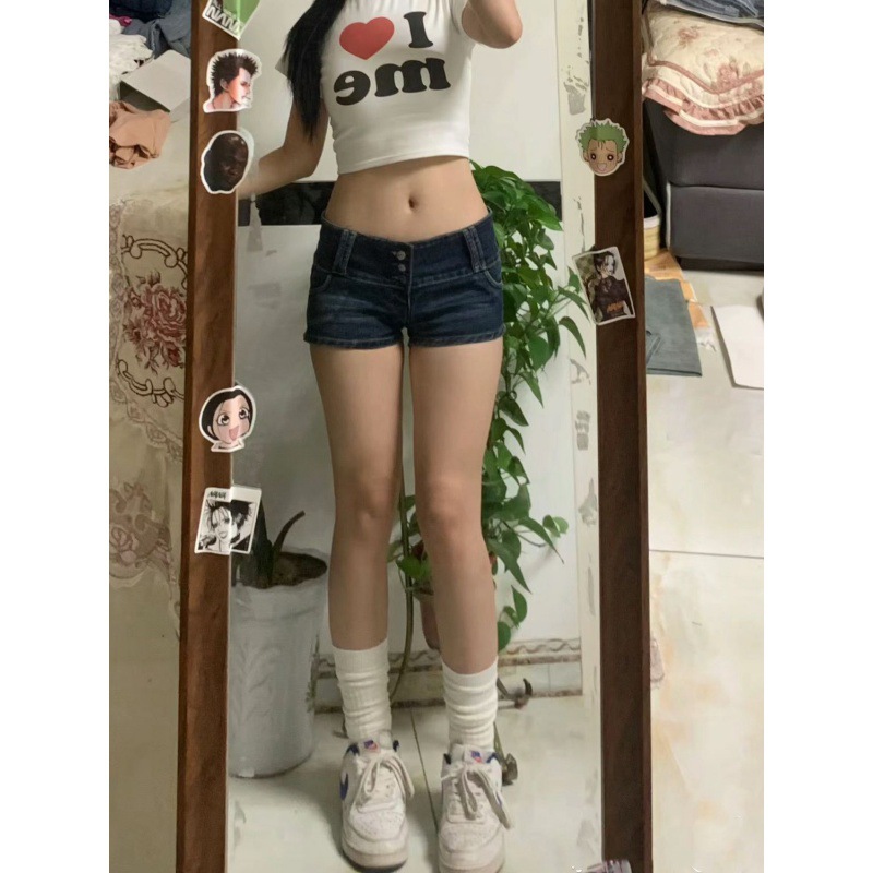 Picture of Spice Girls 2024 Nightclub Low Waist Buckle Elastic Tight Sexy Retro dark blue Denim Super Shorts Harajuku Hot Pants Trendy
