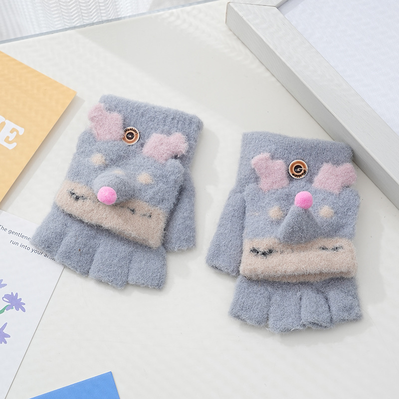 Picture of Children's flip gloves autumn and winter boys half finger warm cute Primary School students writing knitted dual-purpose gloves wholesale