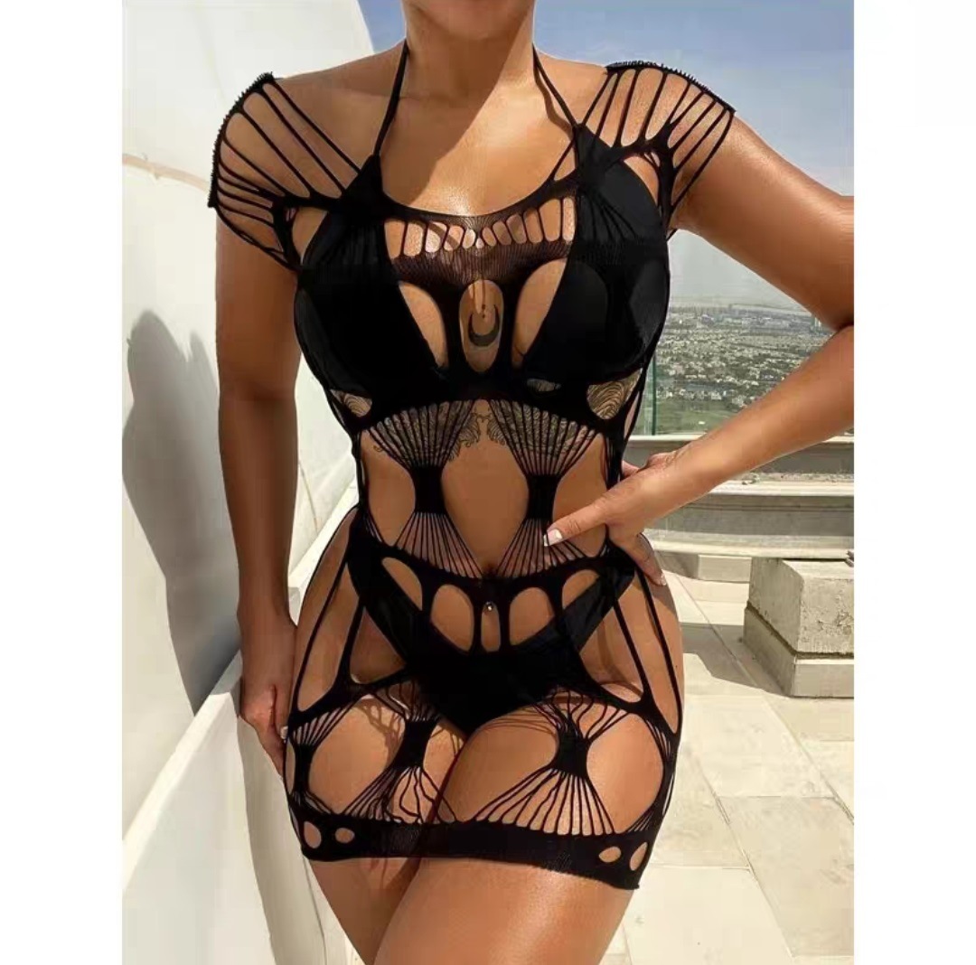 Cross-border European and American Foreign trade sexy lingerie sexy slim-fit hollow-out short skirt full-body see-through mesh Amazon batch