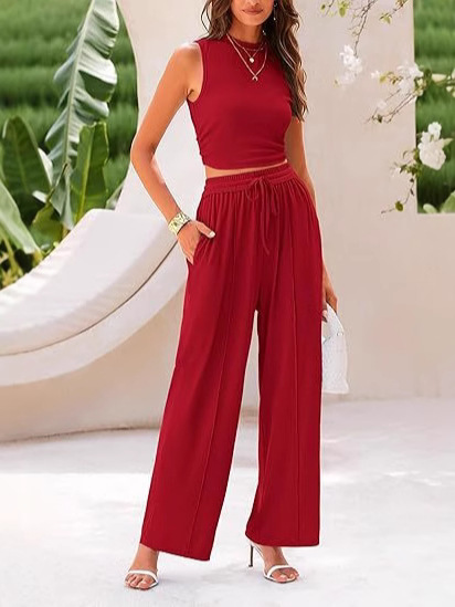 European and American Amazon Women's Casual Pit Wide Leg Pants Spring and Summer Pants Elasticity Waist Loose Sleeveless Vest suit