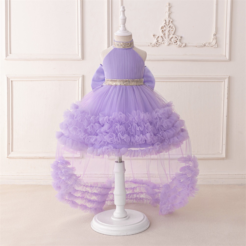 Picture of New One-year-old Dress Short-sleeved Pleated Mesh Lace Trailing Princess Dress Ponked Yarn Flower Children's Wedding Dress