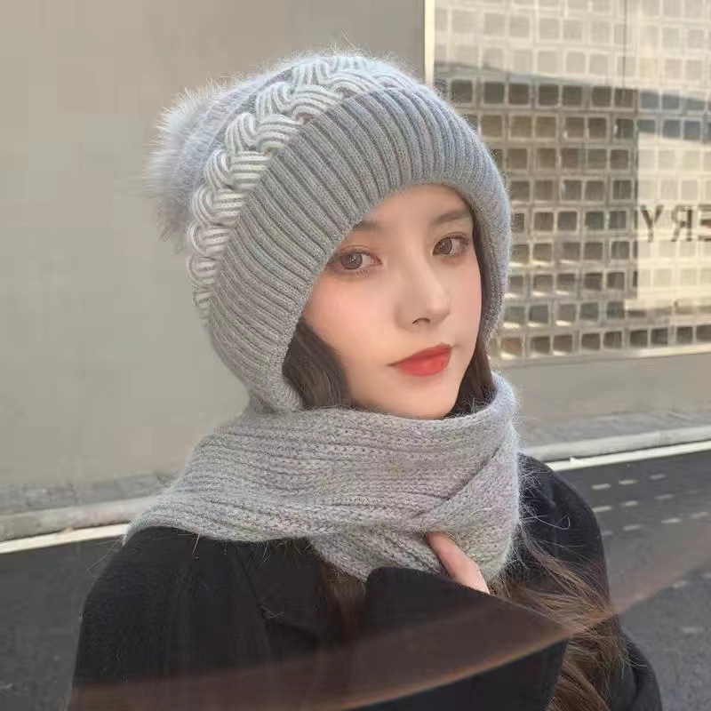 Picture of Hat women's winter Korean-style fashion wool hat winter versatile warm thickened ear protection knitted hat scarf integrated