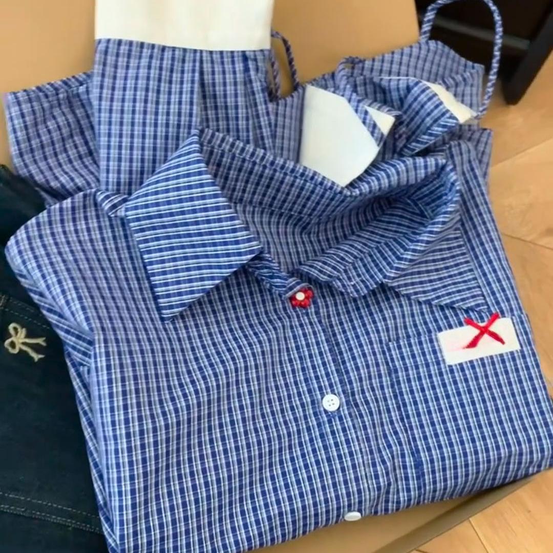 Temu Retro Hong Kong Style 2025 Spring & Fall Blue Plaid Shirt Women's Work Clothing Cardigan Stacked Long-Sleeved Shirt Japanese Style French Style