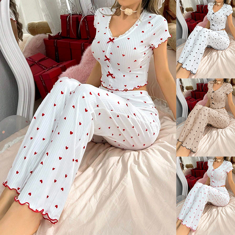 European and American Cross-Border Best-Selling Home Wear Printed Heart V Neck Short-Sleeved Pajamas for Women to Wear Outside Two-Piece Pants Set
