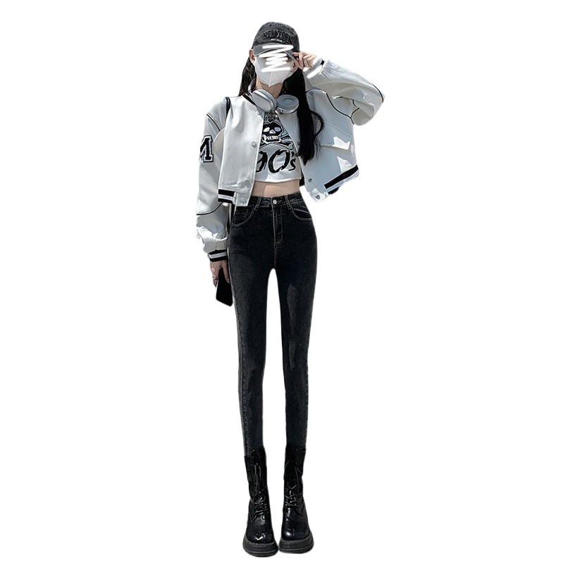 High Waist Jeans Women's Small Feet Spring Autumn Winter 2023 New Slim Look Tight Tight Slim Pencil Thickened Fleece