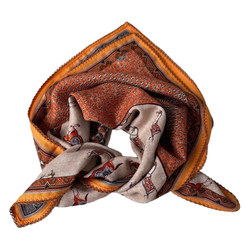 French Pony Totem Orange Silk Cashmere Scarf Multi-use Small Square Scarf High-end Gift Mother Scarf Women
