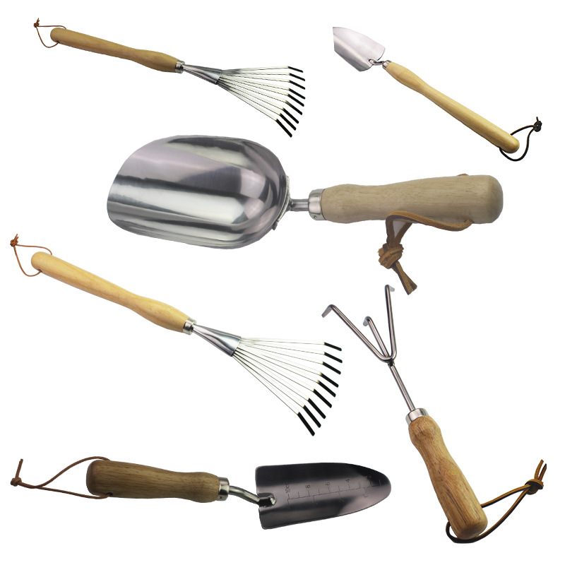 De Yi Stainless Steel Wooden Handle Hoe Soil Rake Flower Planting Gardening Shovel Gardening Tool Six-Piece Set Combination