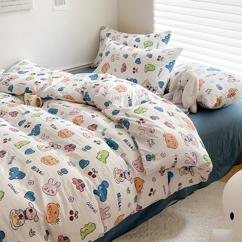 Picture of Class A Mother and Infant Grade Washed Cotton Four-piece Set Cotton ins Style Cartoon Fresh Cotton Bed Cover Three-piece Set