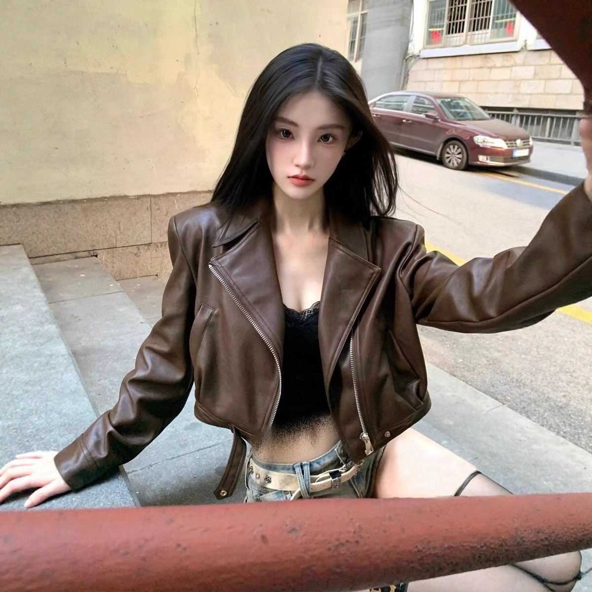 Picture of American hot girl black leather jacket female 2025 autumn small short motorcycle PU leather jacket sweet cool top