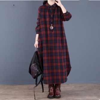 Picture of 9809 spring new 2021 women's skirt Korean casual plaid plus size single breasted long sleeve dress women