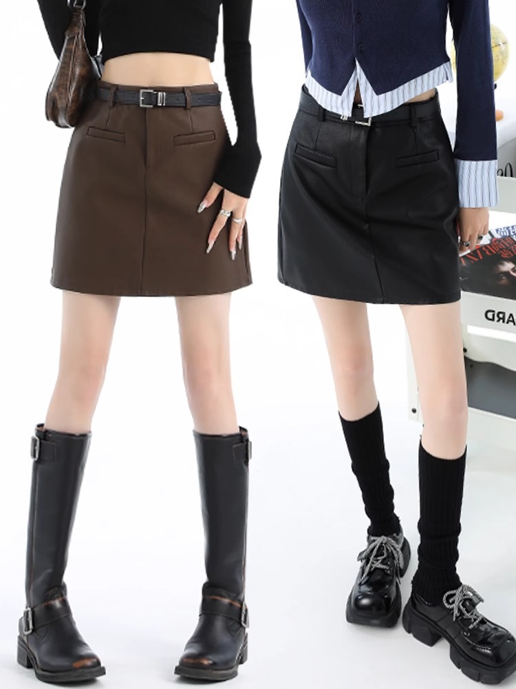 High waist slimming pu leather skirt women's autumn 2024 new academic style hot girl A- line hip anti-walking skirt