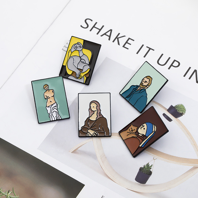 European and American Abstract Art Oil Painting Brooch Mona Lisa Van Gogh Venus All-match Student Backpack Shirt Brooch