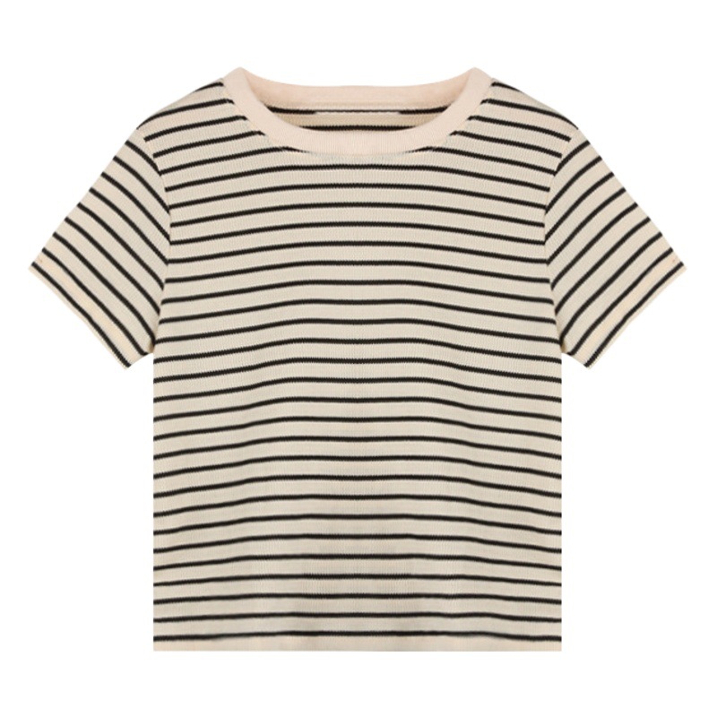 Retro Stripesd Short-Sleeved T-Shirt Women's Design Round Neck Bottoming Shirt 2024 Summer Loose Casual Student Top Trbottomy