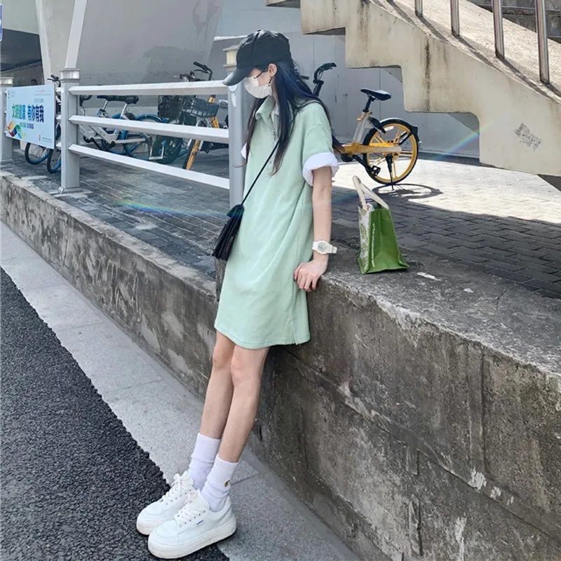 Picture of Japanese Girl's Mint Green dress Sense Niche Waffles Loose Straight Skirt Polo Collar Age-reducing Skirt