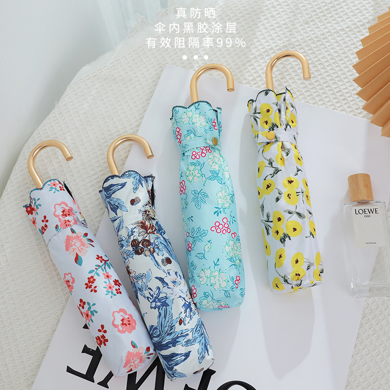 Lily-of-the-valley Xiangxue Curved Hook Three-fold Umbrella Embroidery Creative Korean Black Rubber Folding Umbrella UV Protection Sun Umbrella Women