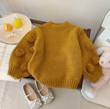 Picture of Girls Pullover Sweater 2025 Autumn and Winter New Korean Style Kidsren's Style Baby Girl Red Lantern Sleeve Fur Ball Sweater
