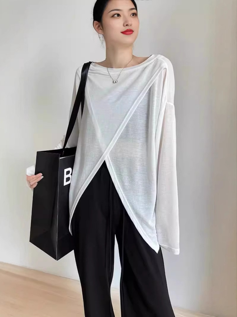 Thin Slightly See-Through Slit Sun Protection Long-Sleeved T-Shirt for Women Summer K-Style 2025 New Candy Color Loose Air-Conditioned Blouse