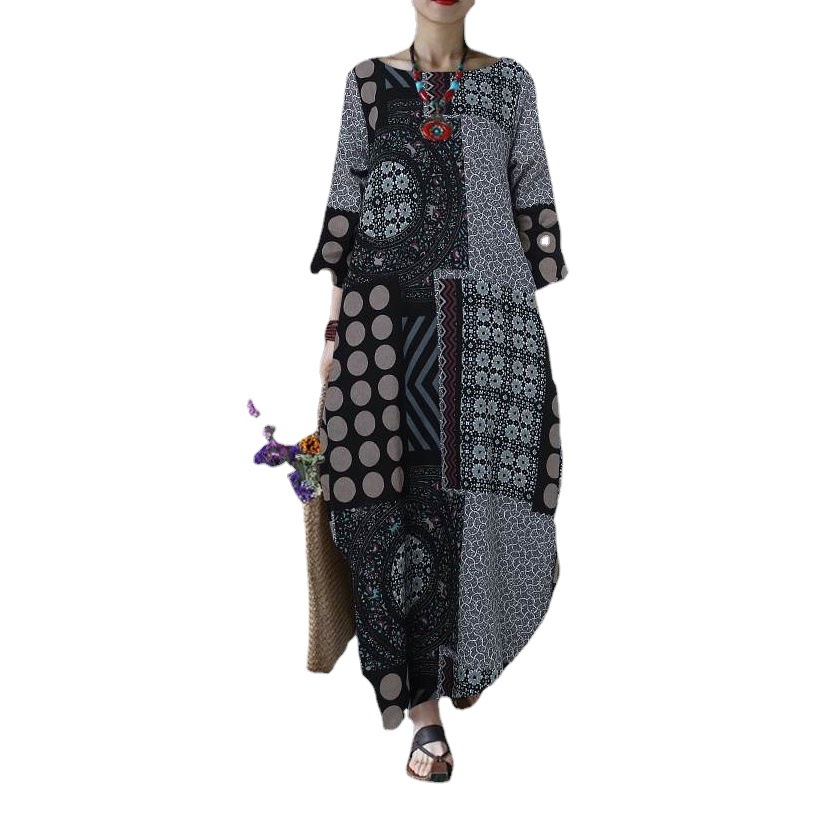 in stock Women's Cotton Linen dress National Style Retro Loose Round Neck Half Sleeve Pocket Long dress