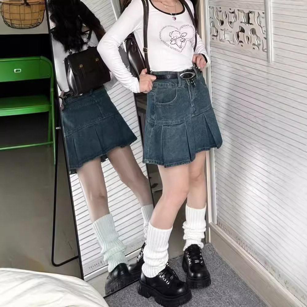 High Waist Pleated Denim Skirt Women's Summer New Spice Girl Belly Covering Slimming Small Anti-glare A- line Short Skirt