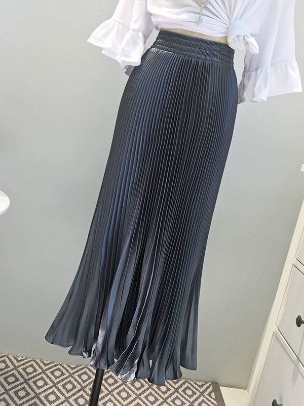 High-Waisted Retro Aa-Line Accordion Pleated Skirt, Spring & Fall Metallic Long Skirt, Women's Satin Fishtail Skirt