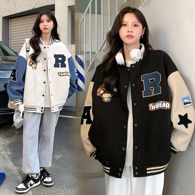 Hot picture + double screw fleece-lined baseball uniform women's autumn and winter New Student American retro sweater all-match loose jacket
