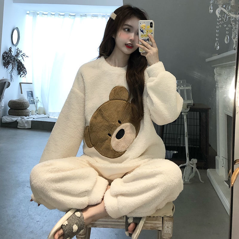 Autumn and Winter coral fleece pajamas women's winter long sleeve warm thickened fleece-lined sweet cute flannel home wear suit
