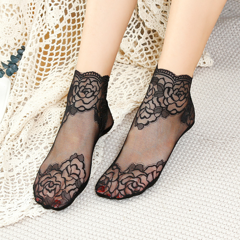 Boat Socks for Women Summer Thin Mid-Calf Lace Socks Breathable Sweat-Absorbent Antibacterial and Deodorant Women's Non-Slip Socks Soft Socks