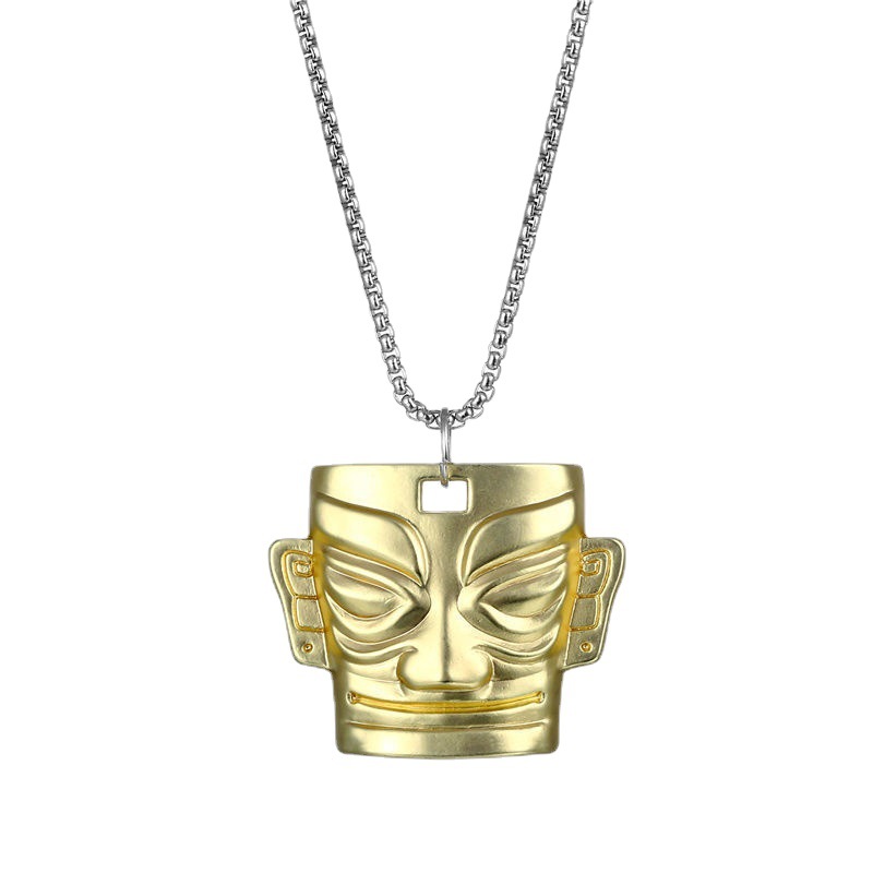 Picture of Ins National Trend Retro Sanxingdui Mask Gold Pendant Necklace for Men and Women Hip-Hop Cool Trendy Fashion Sweater Chain